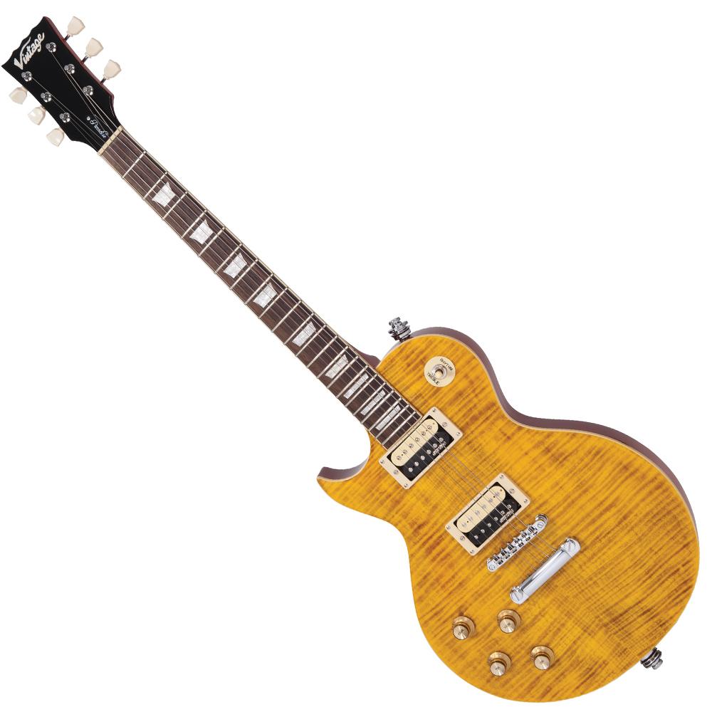 Vintage V100AFD Reissued Left Hand Electric Guitar ~ Flamed Amber
