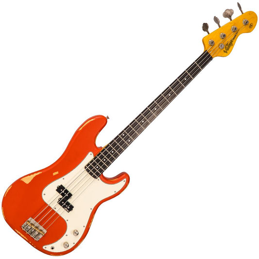 Vintage V4 ICON Bass Guitar ~ Distressed Firenza Red