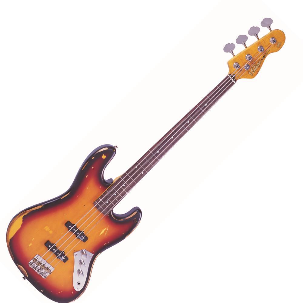 Vintage V74 ICON Fretless Bass Guitar ~ Sunset Sunburst